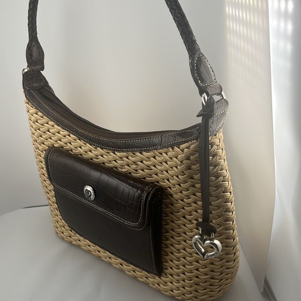 Brighton Leather Woven Exterior Satchel Top Handle Bag with heart charm - Picture 11 of 12